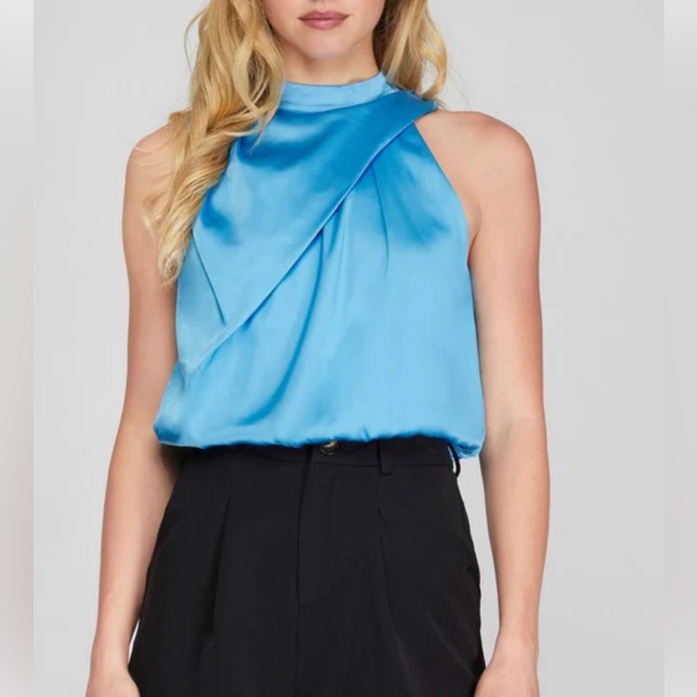 Satin Halter Top with Elastic Bottom; top is fully lined and has a bubble hem